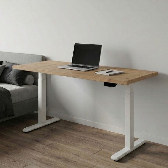 UVI STANDARD V2 Sit-Stand Desk Chalet Oak White UVI STANDARD V2 electric sit-stand desk with KAINDL Chalet Oak tabletop and white metal frame, front view