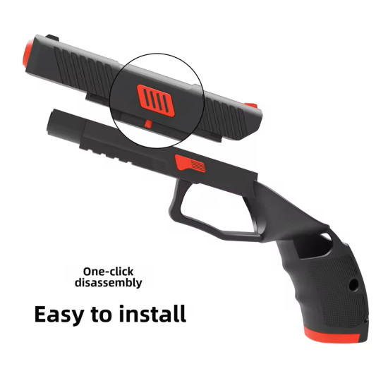 VR Pistol Handle Extensions – Meta Quest 3 & 3s VR pistol handle extension grips attached to Meta Quest 3 and 3s controllers, shown in black against a neutral background