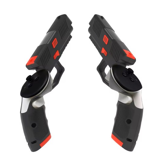 VR Pistol Handle Extensions – Meta Quest 3 & 3s VR pistol handle extension grips attached to Meta Quest 3 and 3s controllers, shown in black against a neutral background