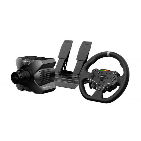 MOZA R3 Bundle RS074 Direct Drive PC Racing MOZA R3 Bundle RS074 for PC showing X-shaped aluminium alloy wheel base with direct drive motor housing, sim racing set