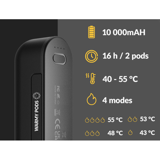 Warmy Pods 2-in-1 Hand Warmer & Power Bank Warmy Pods 2-in-1 hand warmer and power bank — two compact magnetic pods shown side by side in a portable design