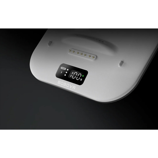 BOBOVR BD3 charging station with three B100 batteries docked, digital display showing charge levels and power output