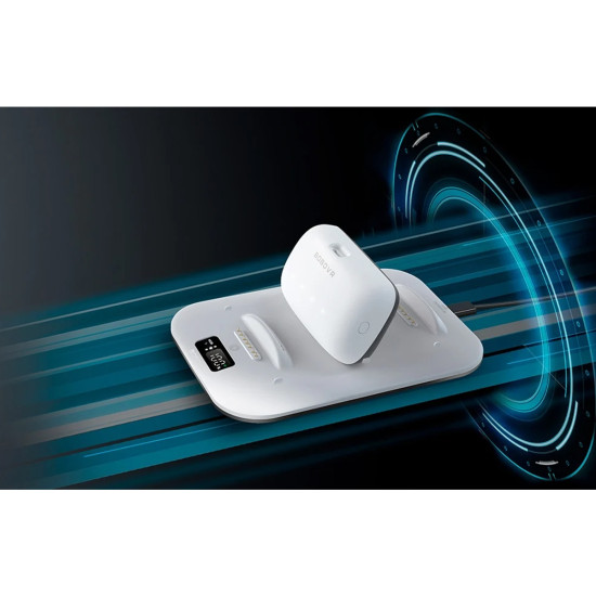 BOBOVR BD3 charging station with three B100 batteries docked, digital display showing charge levels and power output