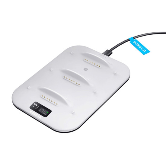 BOBOVR BD3 charging station with three B100 batteries docked, digital display showing charge levels and power output