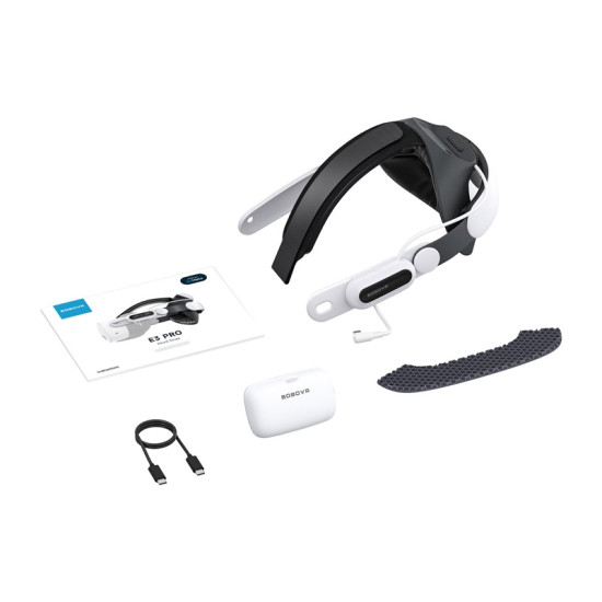 BOBOVR E3 Pro battery relief strap for Meta Quest 3 and 3S, showing rear cushion, adjustable fit mechanism, and B100 battery pack