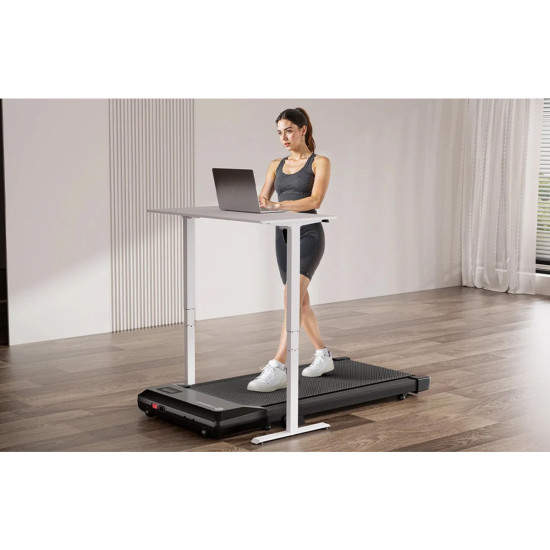 DeerRun Q2 Urban black electric treadmill with low-profile design and built-in wheels, shown from the side