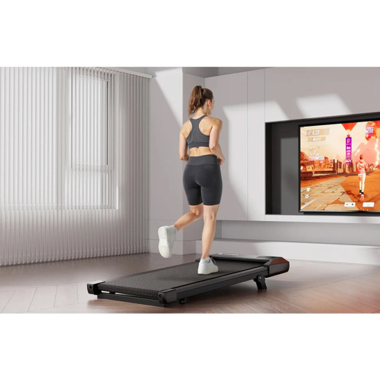 DeerRun Q2 Urban black electric treadmill with low-profile design and built-in wheels, shown from the side