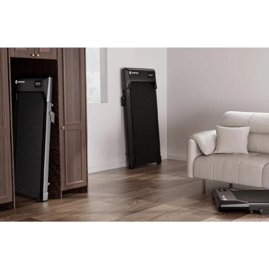 DeerRun Q2 Urban black electric treadmill with low-profile design and built-in wheels, shown from the side