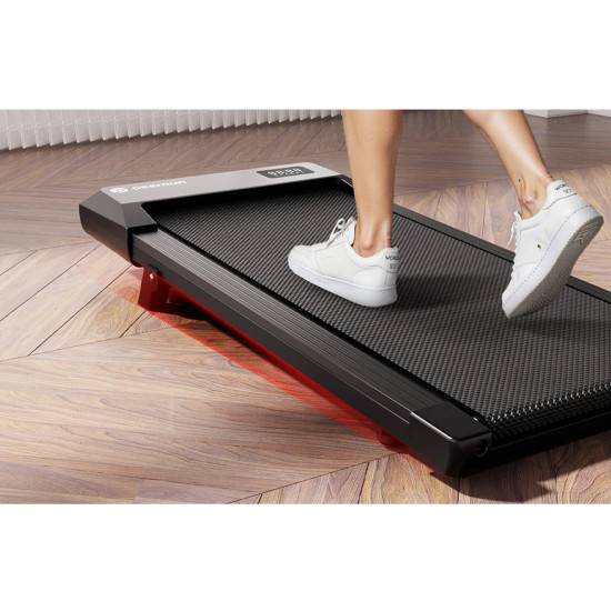 DeerRun Q2 Urban black electric treadmill with low-profile design and built-in wheels, shown from the side