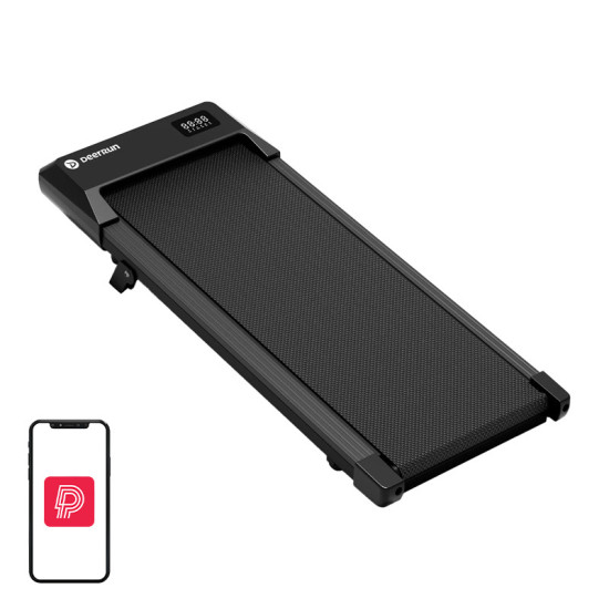 DeerRun Q2 Urban black electric treadmill with low-profile design and built-in wheels, shown from the side