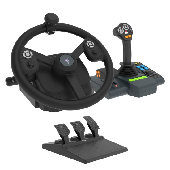 HORI Farming Vehicle Control System with 34 cm rubberized steering wheel, three-pedal set, and side console with joystick