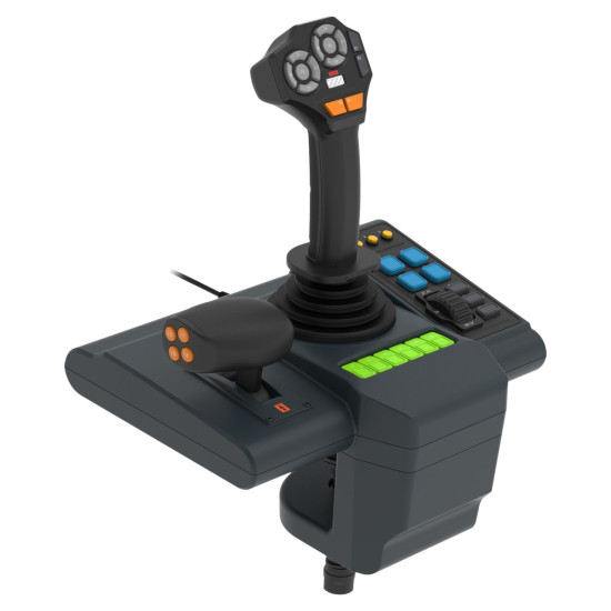 HORI Farming Vehicle Control System with 34 cm rubberized steering wheel, three-pedal set, and side console with joystick