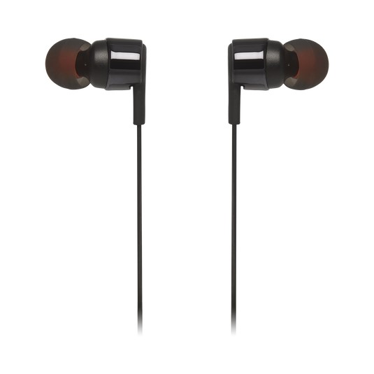 JBL Tune 210 Black in-ear headphones with flat tangle-free cable on white background