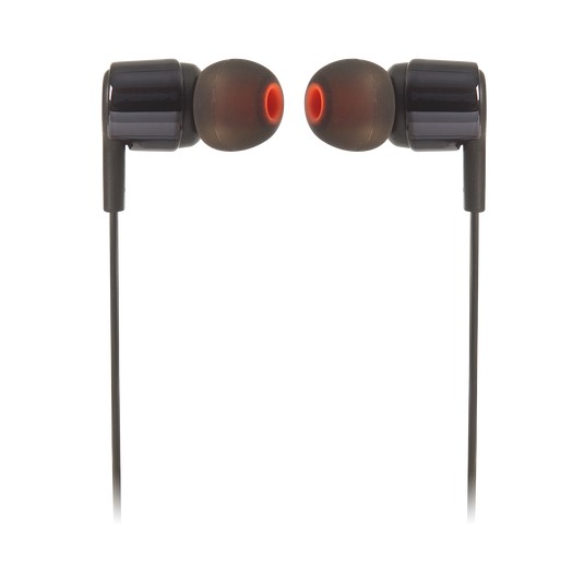 JBL Tune 210 Black in-ear headphones with flat tangle-free cable on white background