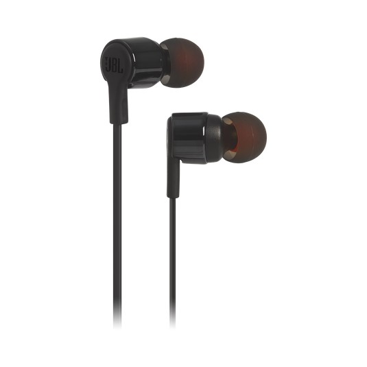 JBL Tune 210 Black in-ear headphones with flat tangle-free cable on white background
