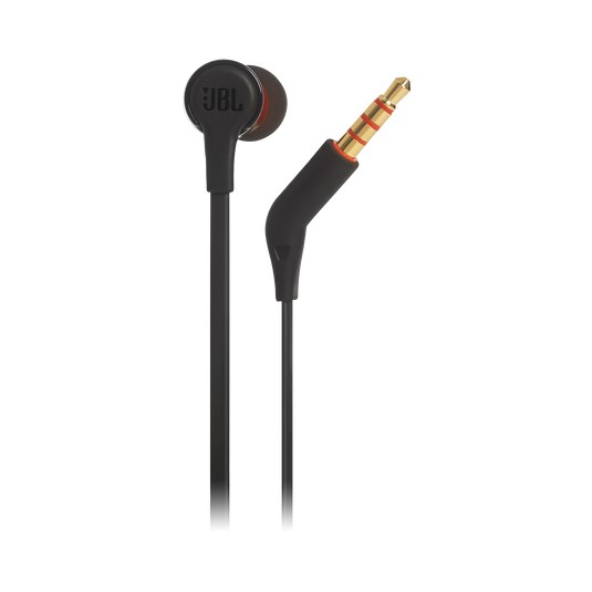 JBL Tune 210 Black in-ear headphones with flat tangle-free cable on white background