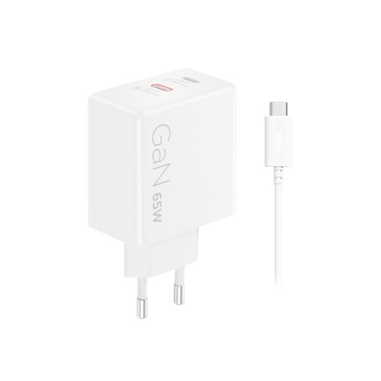 Lenovo Dual USB-C 65W GaN Charger in compact white housing with two USB-C ports and included 1.5m USB-C cable
