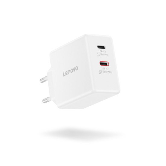 Lenovo Dual USB-C 65W GaN Charger in compact white housing with two USB-C ports and included 1.5m USB-C cable