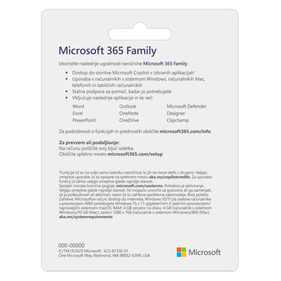 Microsoft 365 Family 1-Year Subscription – 6 Users Microsoft 365 Family 1-year subscription digital product showing Word, Excel, PowerPoint, OneDrive, Teams and Microsoft Defender app icons