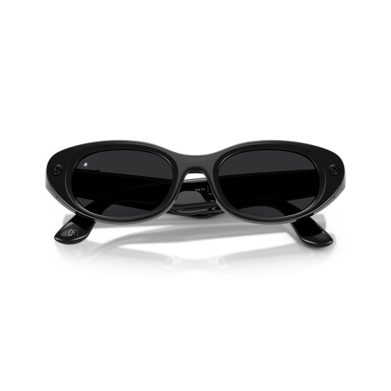 Meta Starfire Kylie Edition smart glasses in Classic Black with slim oval frames, XS 48-21 fit, front view showing ultrawide camera lens