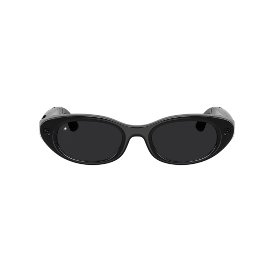 Meta Starfire Kylie Edition smart glasses in Classic Black with slim oval frames, XS 48-21 fit, front view showing ultrawide camera lens