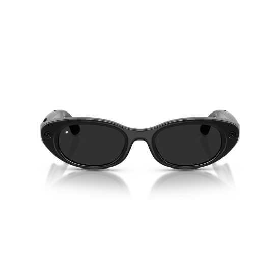 Meta Starfire Kylie Edition smart glasses in Classic Black with slim oval frames, XS 48-21 fit, front view showing ultrawide camera lens