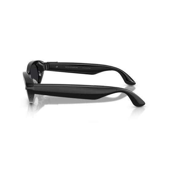 Meta Starfire Kylie Edition smart glasses in Classic Black with slim oval frames, XS 48-21 fit, front view showing ultrawide camera lens