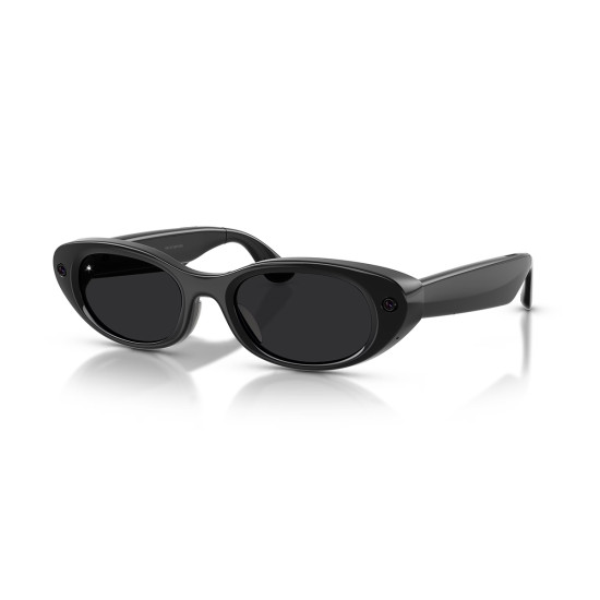 Meta Starfire Kylie Edition smart glasses in Classic Black with slim oval frames, XS 48-21 fit, front view showing ultrawide camera lens