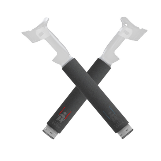 VR Sword Handle Extensions – Meta Quest 3 & 3s VR Sword Handle Extensions attached to Meta Quest 3 and 3s controllers, shown as a pair of black grip extenders