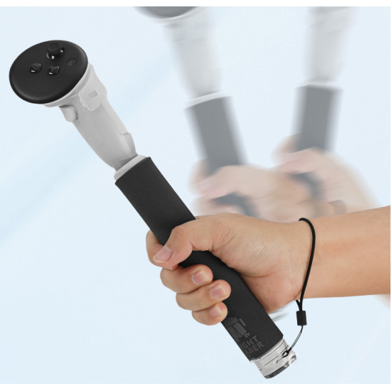 VR Sword Handle Extensions – Meta Quest 3 & 3s VR Sword Handle Extensions attached to Meta Quest 3 and 3s controllers, shown as a pair of black grip extenders