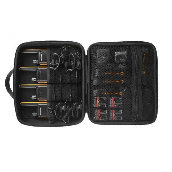 Motorola T82 Extreme QUAD Walkie-Talkie Set Motorola T82 Extreme QUAD set of four PMR446 two-way radios with headsets, belt clips, and carrying case