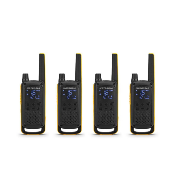 Motorola T82 Extreme QUAD Walkie-Talkie Set Motorola T82 Extreme QUAD set of four PMR446 two-way radios with headsets, belt clips, and carrying case