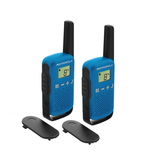 Motorola T42 Two-Way Radio – Blue Motorola T42 two-way radio in blue, compact walkie talkie with LCD screen and belt clip