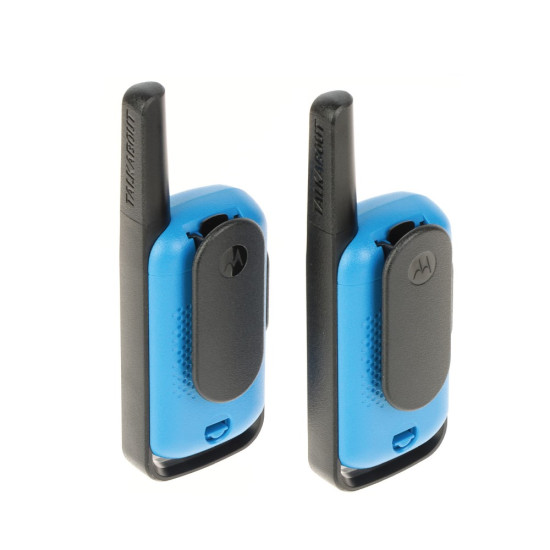 Motorola T42 Two-Way Radio – Blue Motorola T42 two-way radio in blue, compact walkie talkie with LCD screen and belt clip