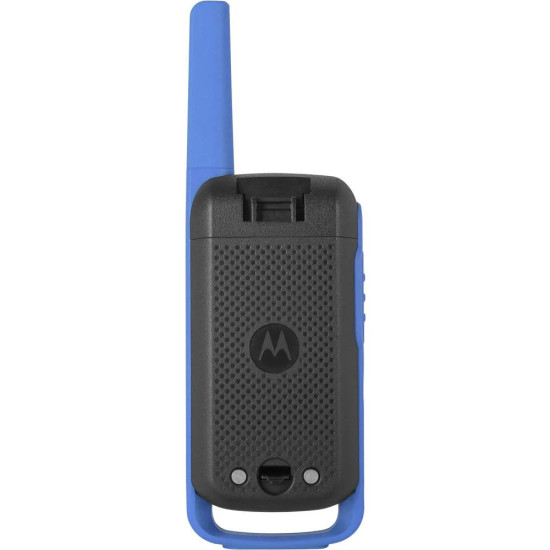 Motorola T62 blue two-way radio with backlit LCD display and belt clip, front view