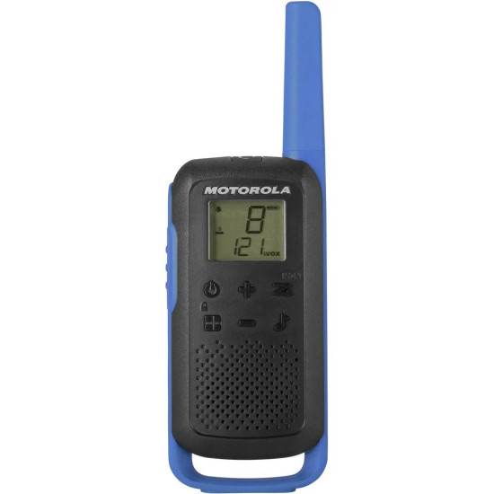 Motorola T62 blue two-way radio with backlit LCD display and belt clip, front view