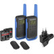 Motorola T62 blue two-way radio with backlit LCD display and belt clip, front view