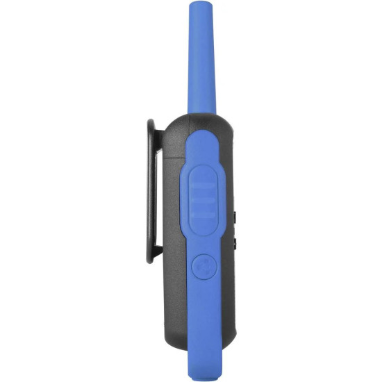 Motorola T62 blue two-way radio with backlit LCD display and belt clip, front view