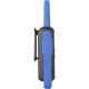 Motorola T62 blue two-way radio with backlit LCD display and belt clip, front view