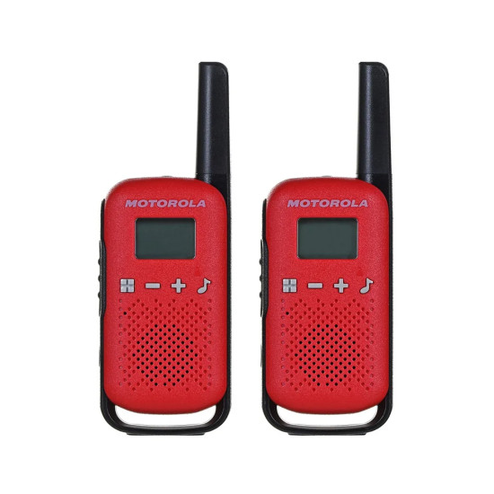 Motorola T42 Two-Way Radio – Red Motorola TALKABOUT T42 two-way radio in red, compact walkie talkie with LCD screen and 8 preset channels