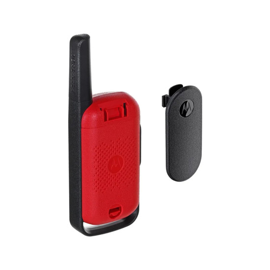Motorola T42 Two-Way Radio – Red Motorola TALKABOUT T42 two-way radio in red, compact walkie talkie with LCD screen and 8 preset channels