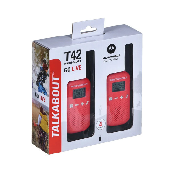 Motorola T42 Two-Way Radio – Red Motorola TALKABOUT T42 two-way radio in red, compact walkie talkie with LCD screen and 8 preset channels
