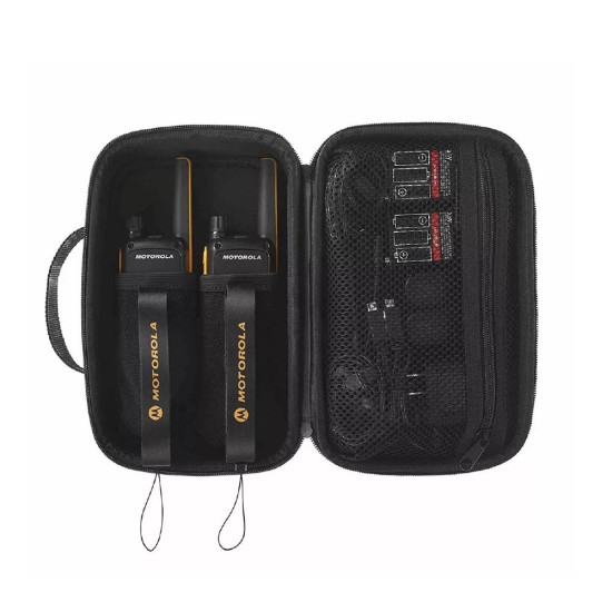 Motorola T82 Extreme Two-Way Radio Black-Yellow Motorola T82 Extreme two-way radio in black and yellow, front view showing rugged design and belt clip attachment