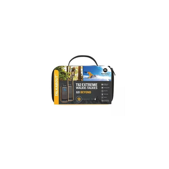 Motorola T82 Extreme Two-Way Radio Black-Yellow Motorola T82 Extreme two-way radio in black and yellow, front view showing rugged design and belt clip attachment