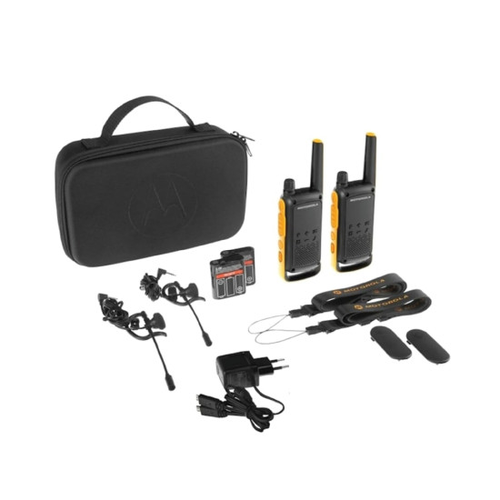 Motorola T82 Extreme Two-Way Radio Black-Yellow Motorola T82 Extreme two-way radio in black and yellow, front view showing rugged design and belt clip attachment