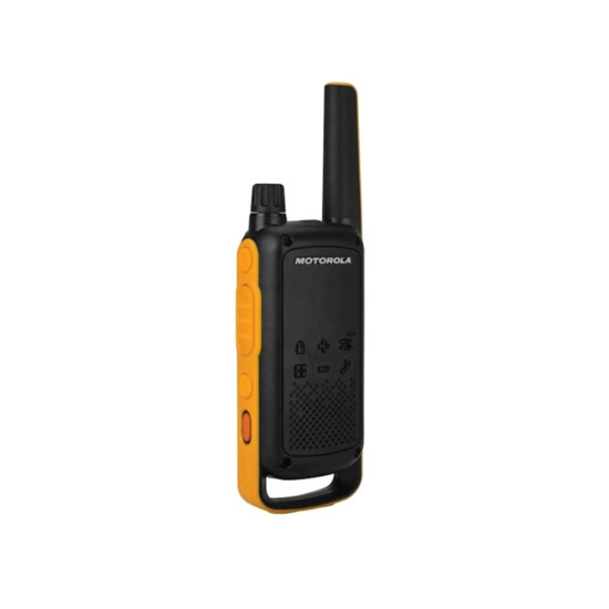 Motorola T82 Extreme Two-Way Radio Black-Yellow Motorola T82 Extreme two-way radio in black and yellow, front view showing rugged design and belt clip attachment
