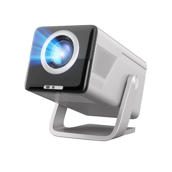 Magcubic X7 portable projector with 1080p native resolution and Android 14, compact black body, front lens view