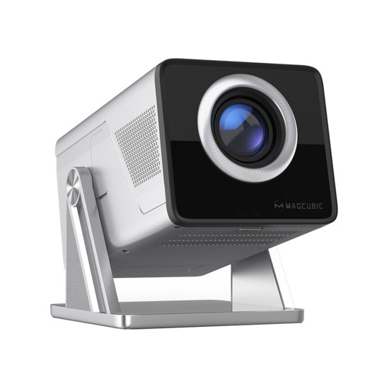 Magcubic X7 portable projector with 1080p native resolution and Android 14, compact black body, front lens view