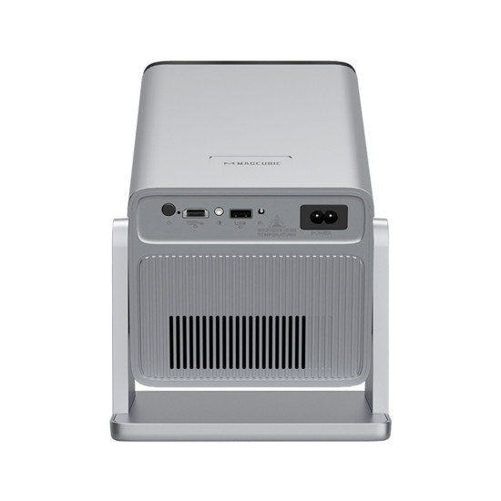 Magcubic X7 portable projector with 1080p native resolution and Android 14, compact black body, front lens view