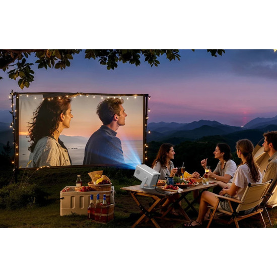 Magcubic X7 portable projector with 1080p native resolution and Android 14, compact black body, front lens view